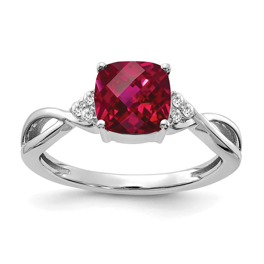 14K White Gold Checkerboard Created Ruby and Diamond Ring