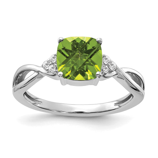 14K White Gold Checkerboard Peridot and Diamond Ring