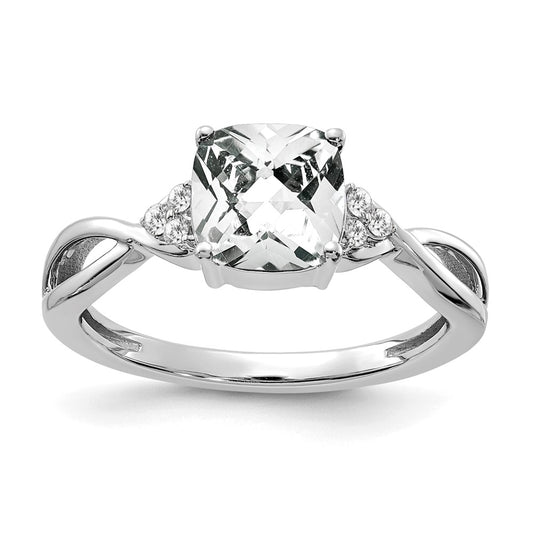 14K White Gold Checkerboard White Topaz and Diamond Ring