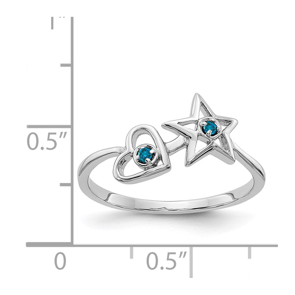 14k White Gold Blue Diamond Heart and Star Ring