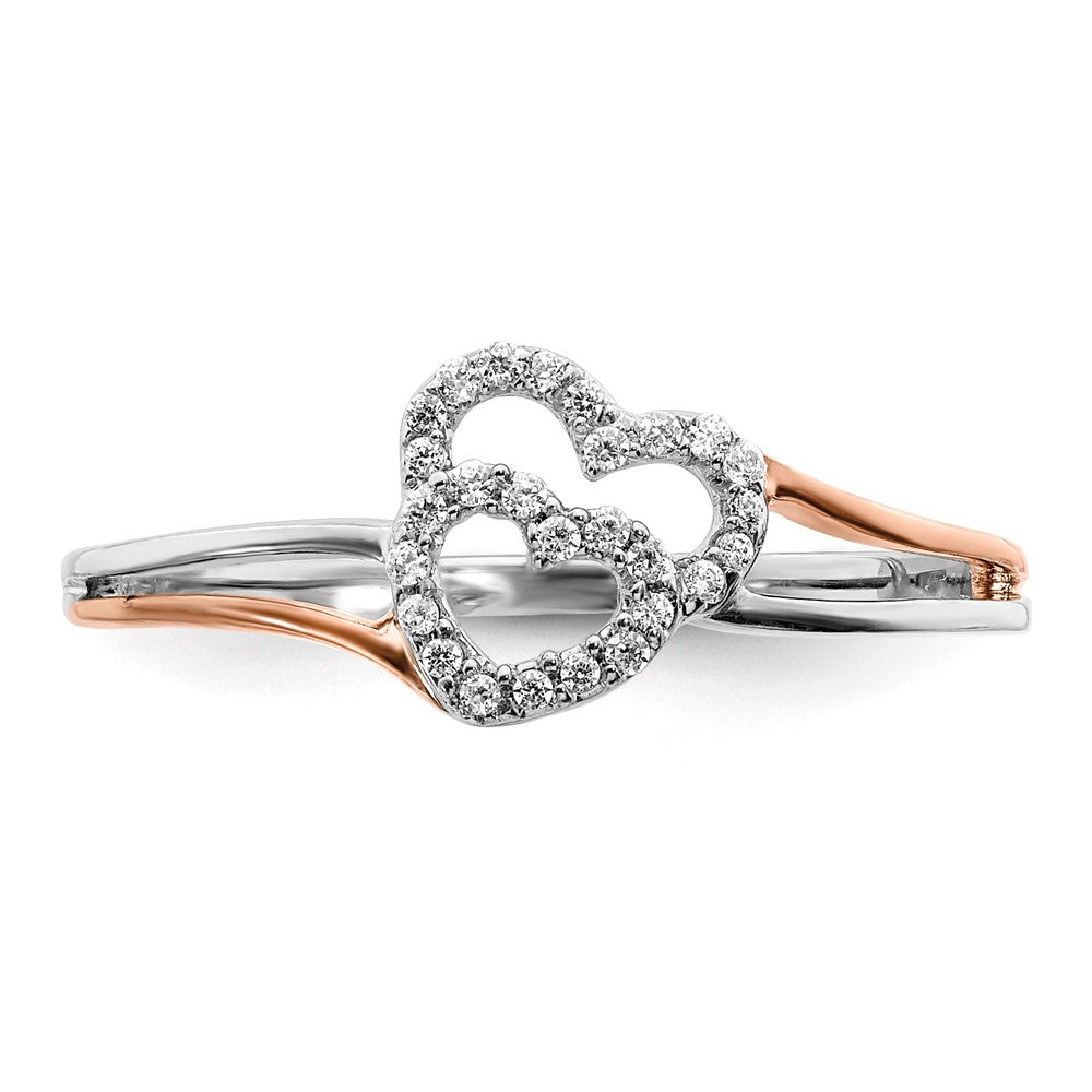 14k Yellow Gold White and Rose Gold Diamond Polished Double Heart Ring