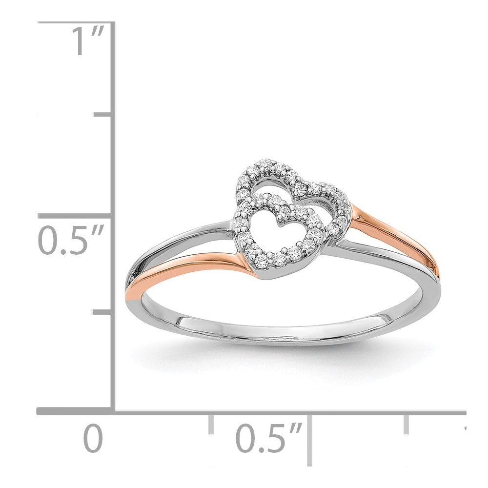 14k Yellow Gold White and Rose Gold Diamond Polished Double Heart Ring