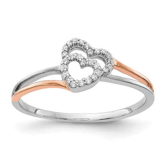 14k Yellow Gold White and Rose Gold Diamond Polished Double Heart Ring