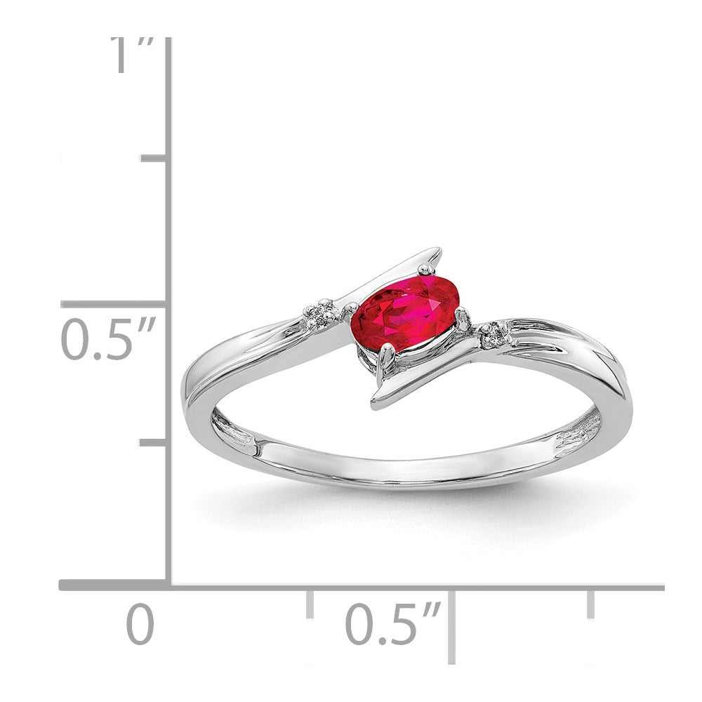 14k White Gold White Polished Oval Diamond Ruby Bypass Ring
