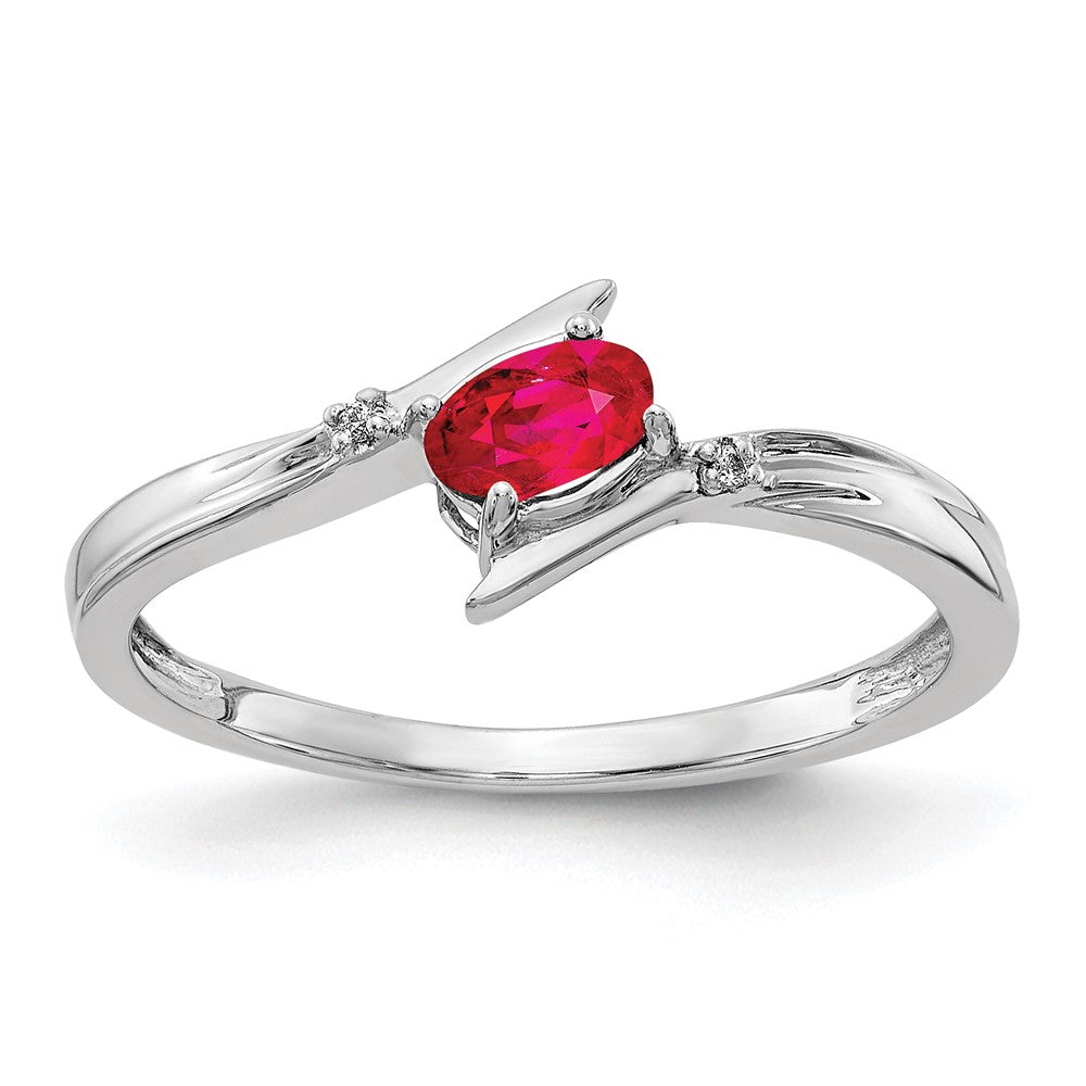 14k White Gold White Polished Oval Diamond Ruby Bypass Ring