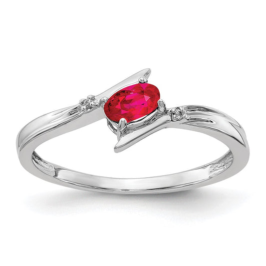 14k White Gold White Polished Oval Diamond Ruby Bypass Ring