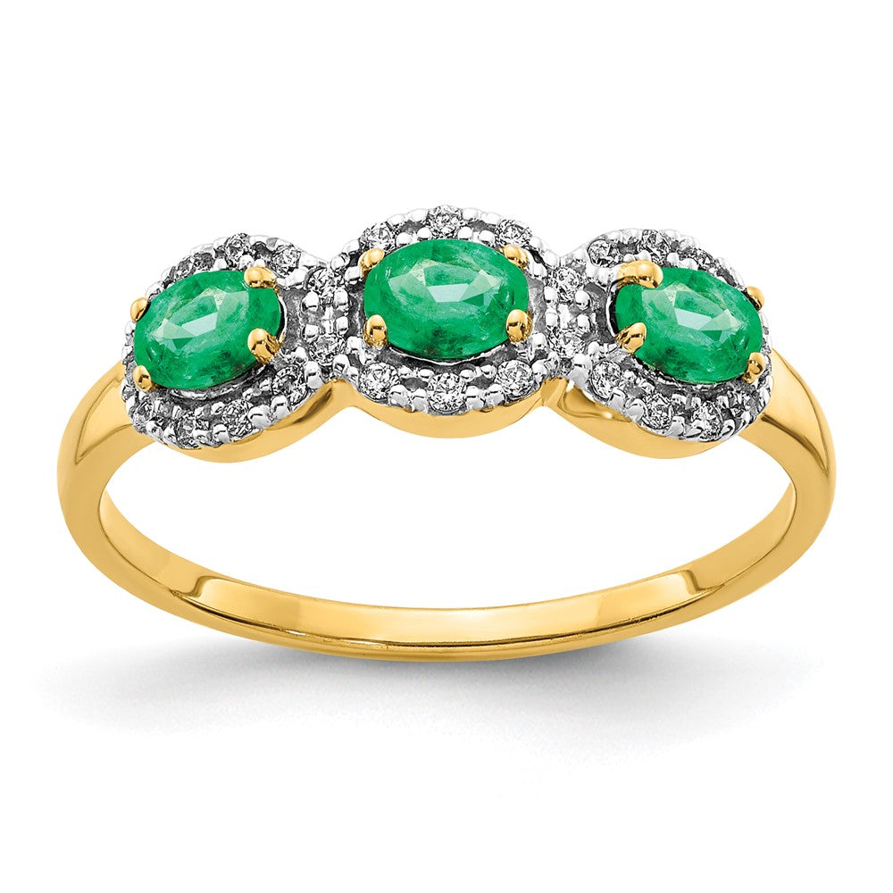 14k Yellow Gold Emerald and Diamond 3-Stone Ring