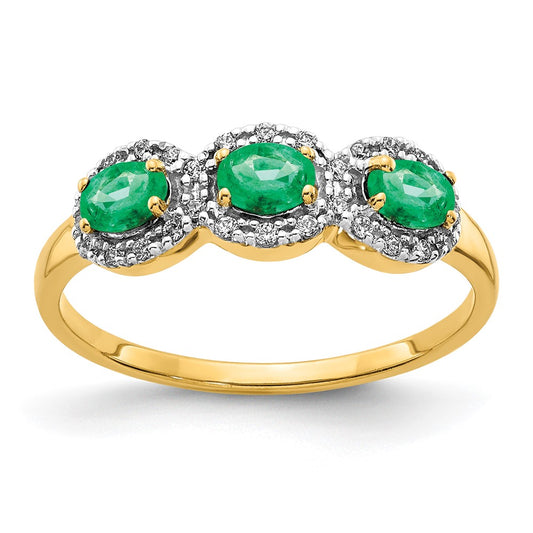 14k Yellow Gold Emerald and Diamond 3-Stone Ring