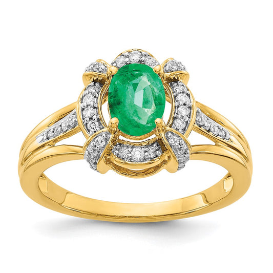 14k Yellow Gold Diamond and Oval Emerald Ring