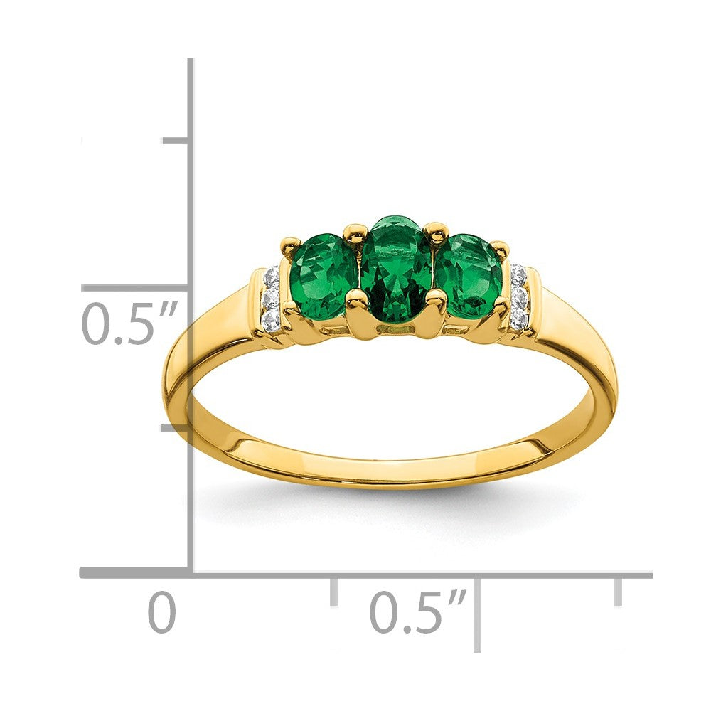 14k Yellow Gold Polished Triple Emerald and Diamond 3-stone Ring