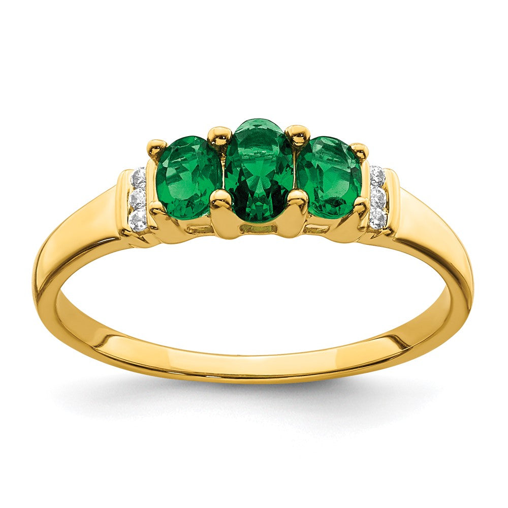 14k Yellow Gold Polished Triple Emerald and Diamond 3-stone Ring