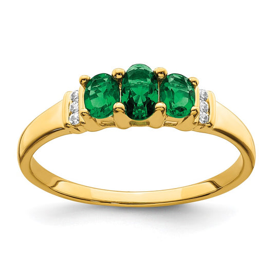 14k Yellow Gold Polished Triple Emerald and Diamond 3-stone Ring