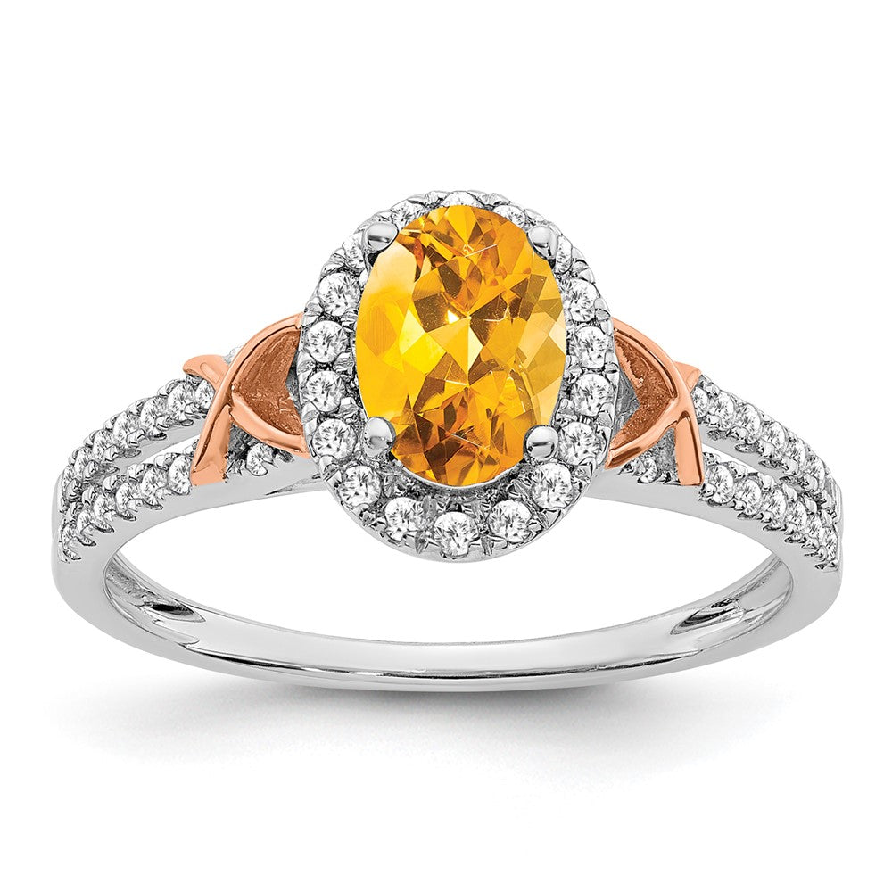 14k White Gold w/RG Accent Citrine and Diamond Halo Ring