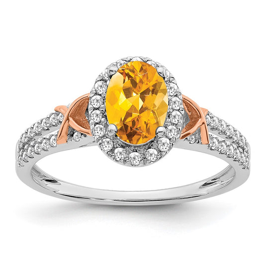 14k White Gold w/RG Accent Citrine and Diamond Halo Ring