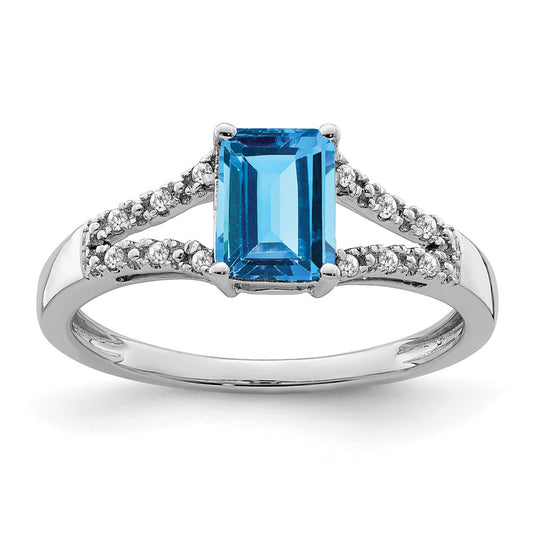 14k White Gold Emerald-cut Blue Topaz and Diamond Ring