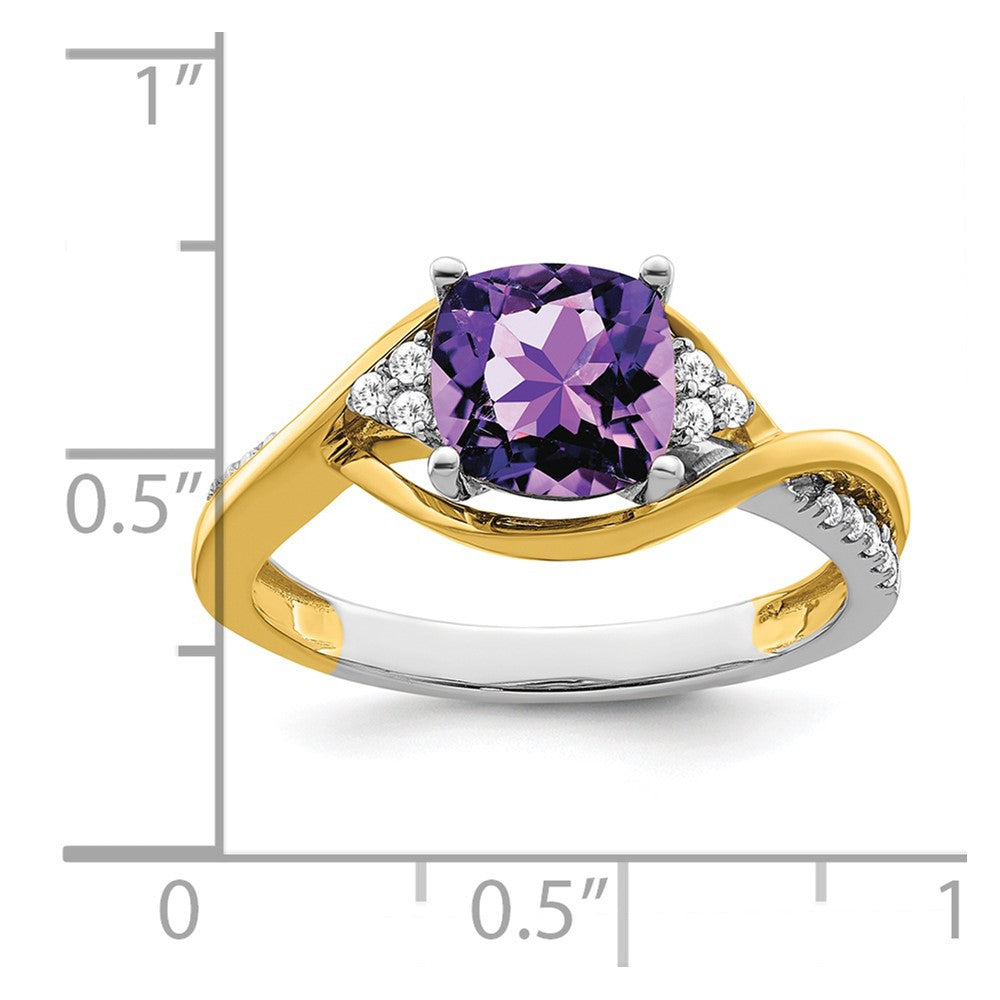 14k Yellow Gold Two-tone Cushion Amethyst and Diamond Ring