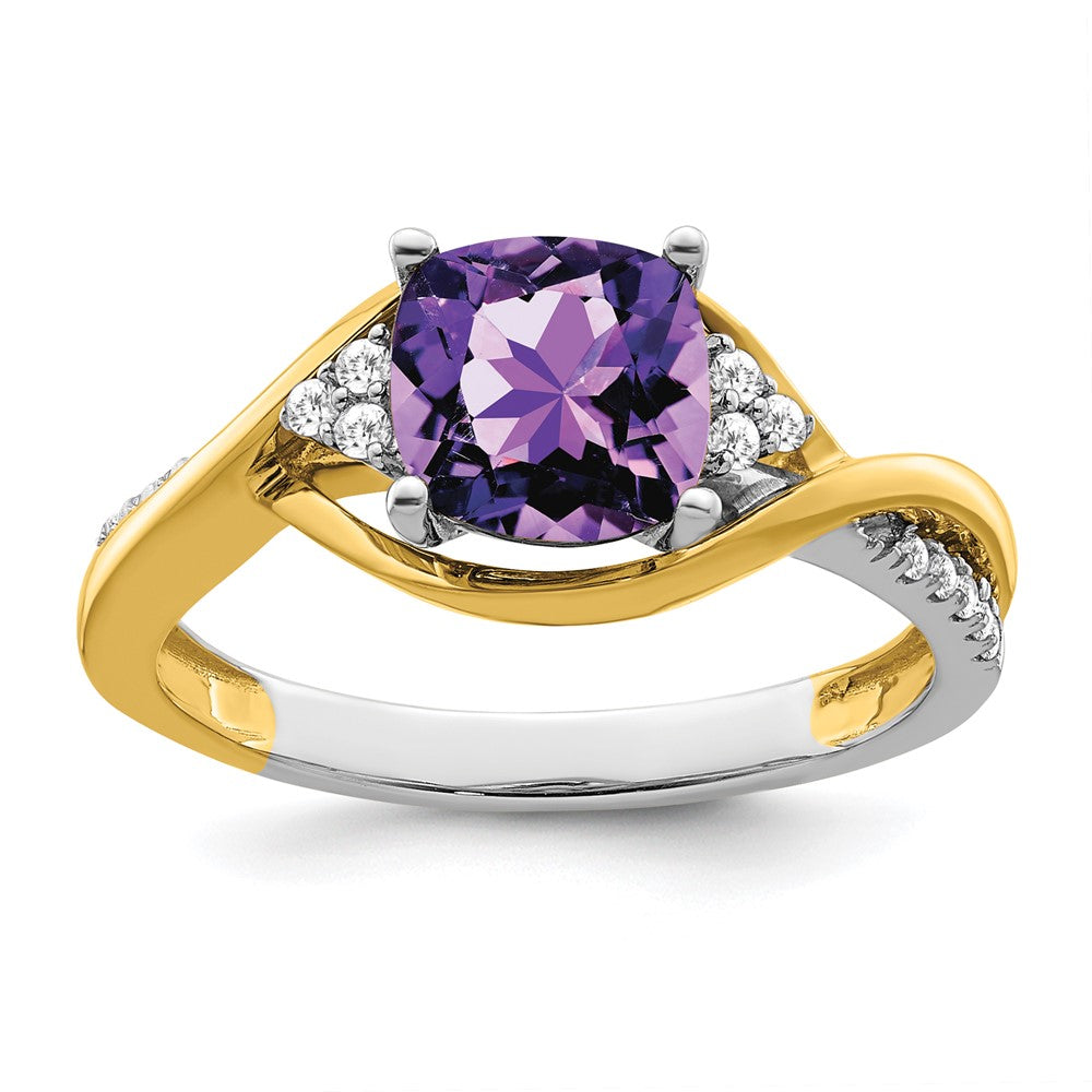 14k Yellow Gold Two-tone Cushion Amethyst and Diamond Ring