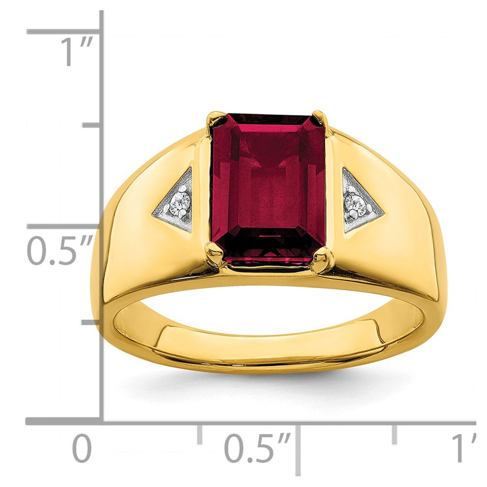 14k Emerald-cut Created Ruby and Diamond Polished Mens Ring