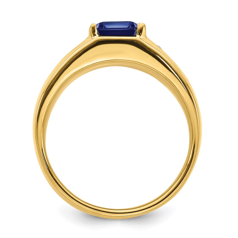 14k Emerald-cut Created Sapphire and Diamond Polished Mens Ring