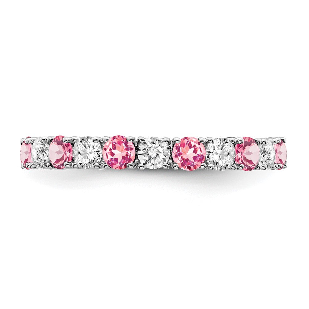 14k White Gold Created Pink Sapphire and Diamond Band