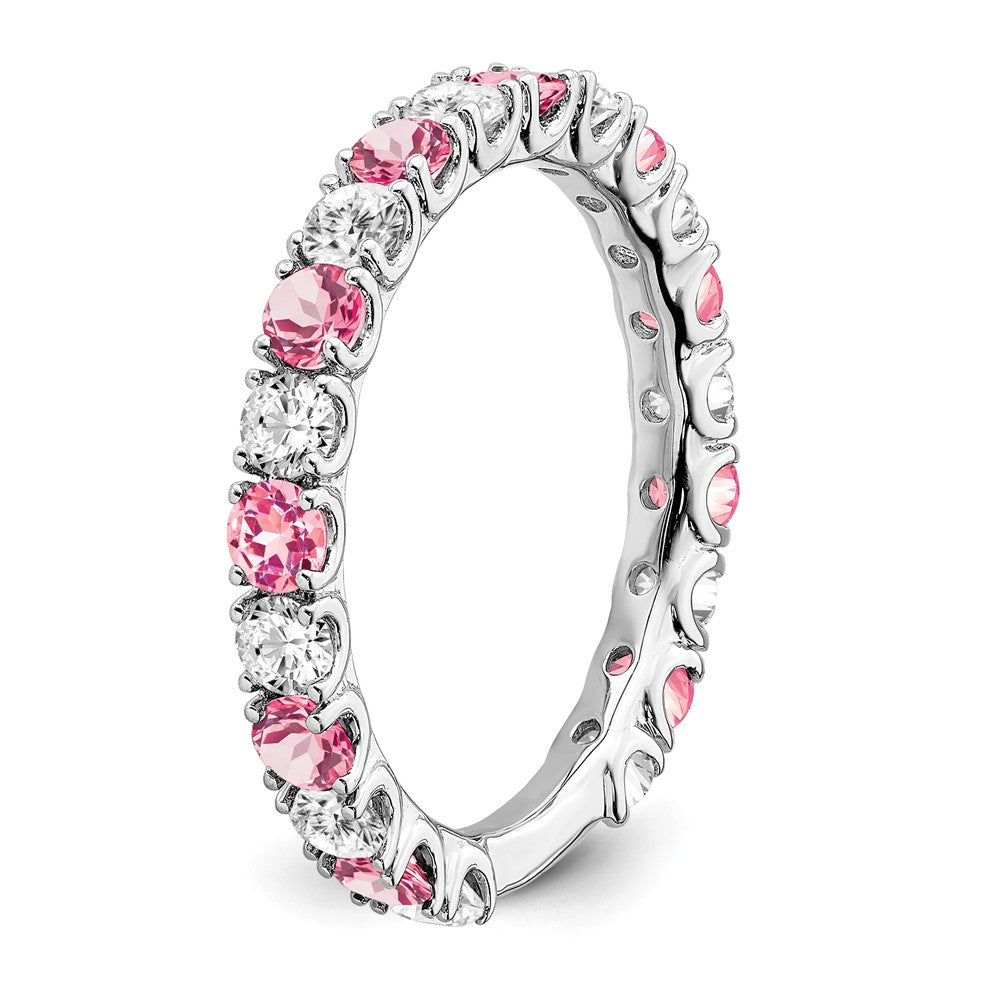 14k White Gold Created Pink Sapphire and Diamond Band