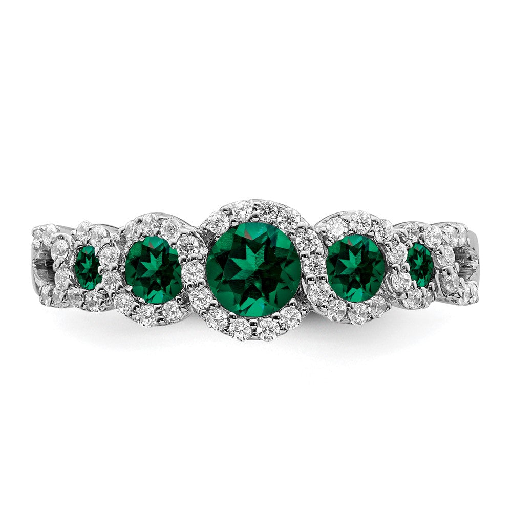 14k White Gold Created Emerald and Diamond Ring