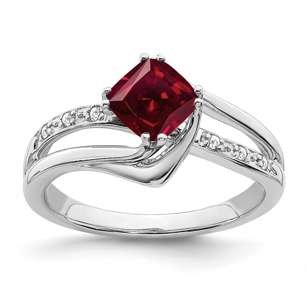 14k White Gold Created Ruby and Diamond Ring
