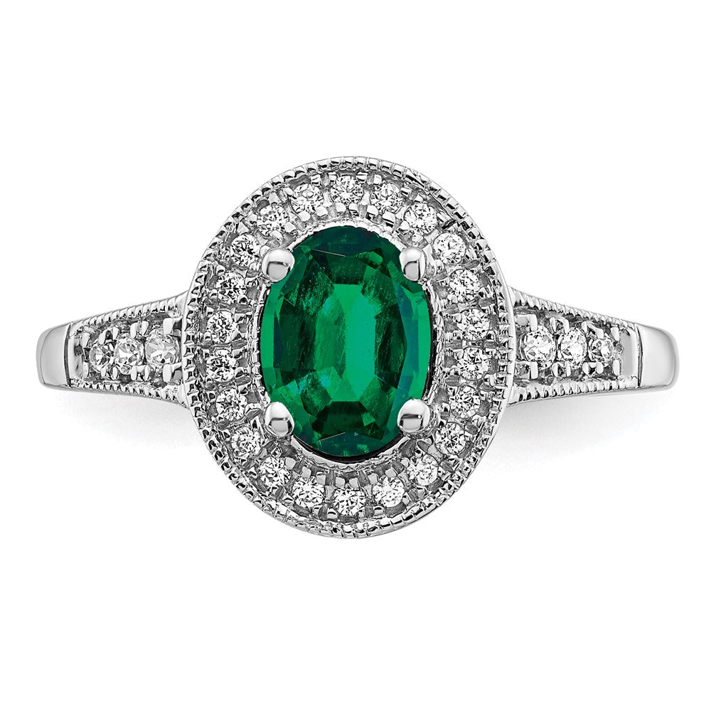 14k White Gold Oval Created Emerald and Diamond Halo Ring