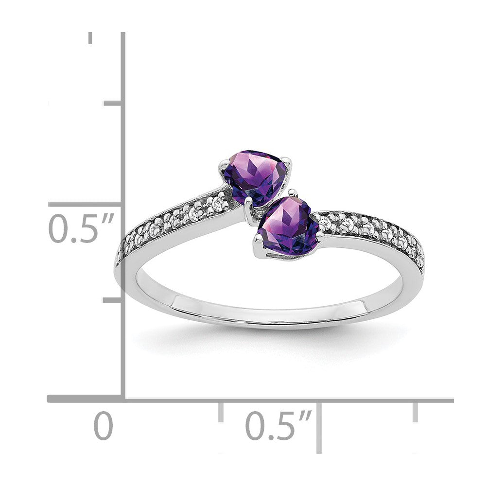 14k White Gold Amethyst and Diamond 2-stone Heart Ring