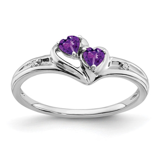 14k White Gold Amethyst and Diamond 2-stone Heart Ring