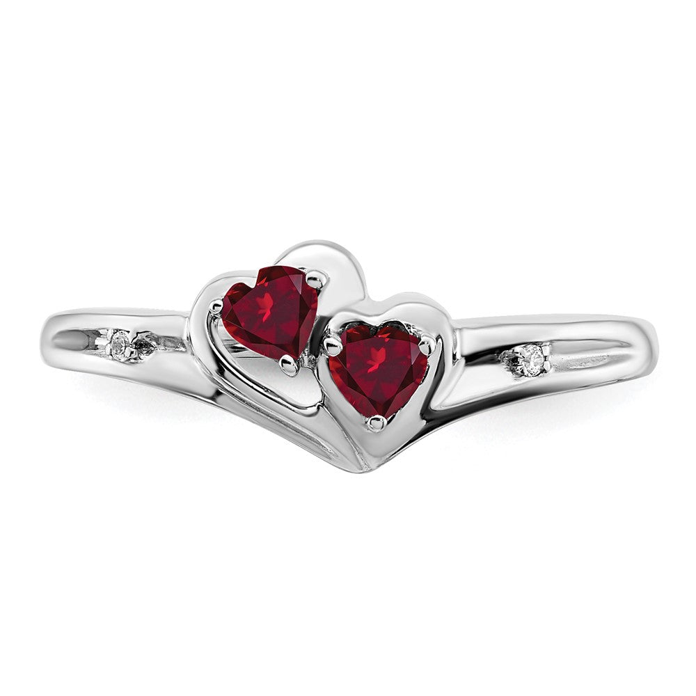 14k White Gold Created Ruby and Diamond 2-stone Heart Ring