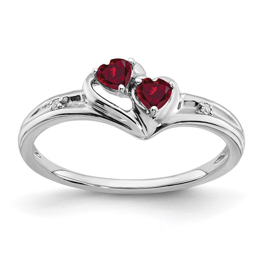 14k White Gold Created Ruby and Diamond 2-stone Heart Ring