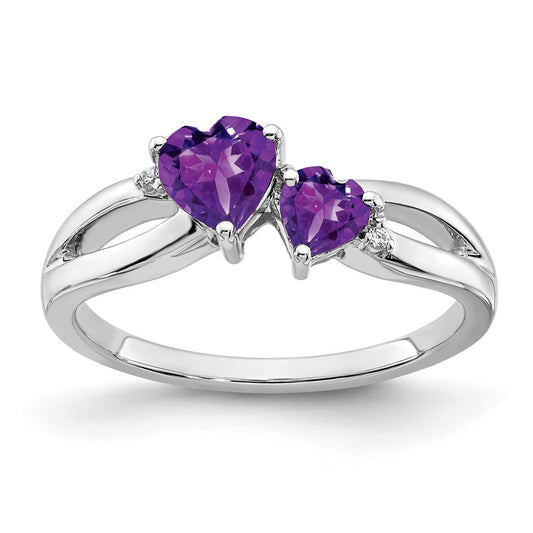 14k White Gold Amethyst and Diamond 2-stone Heart Ring