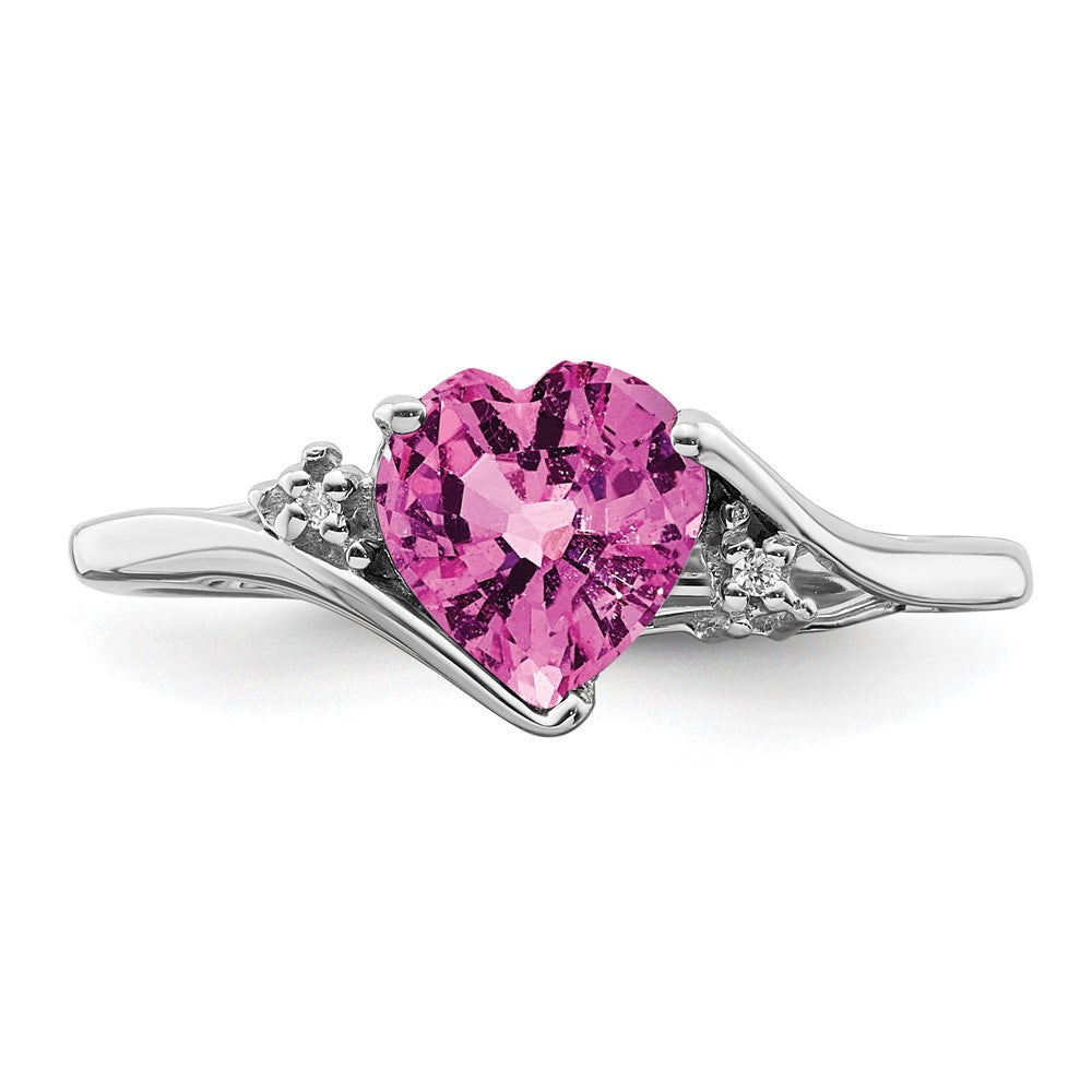 14k White Gold Created Pink Sapphire and Diamond Heart Ring