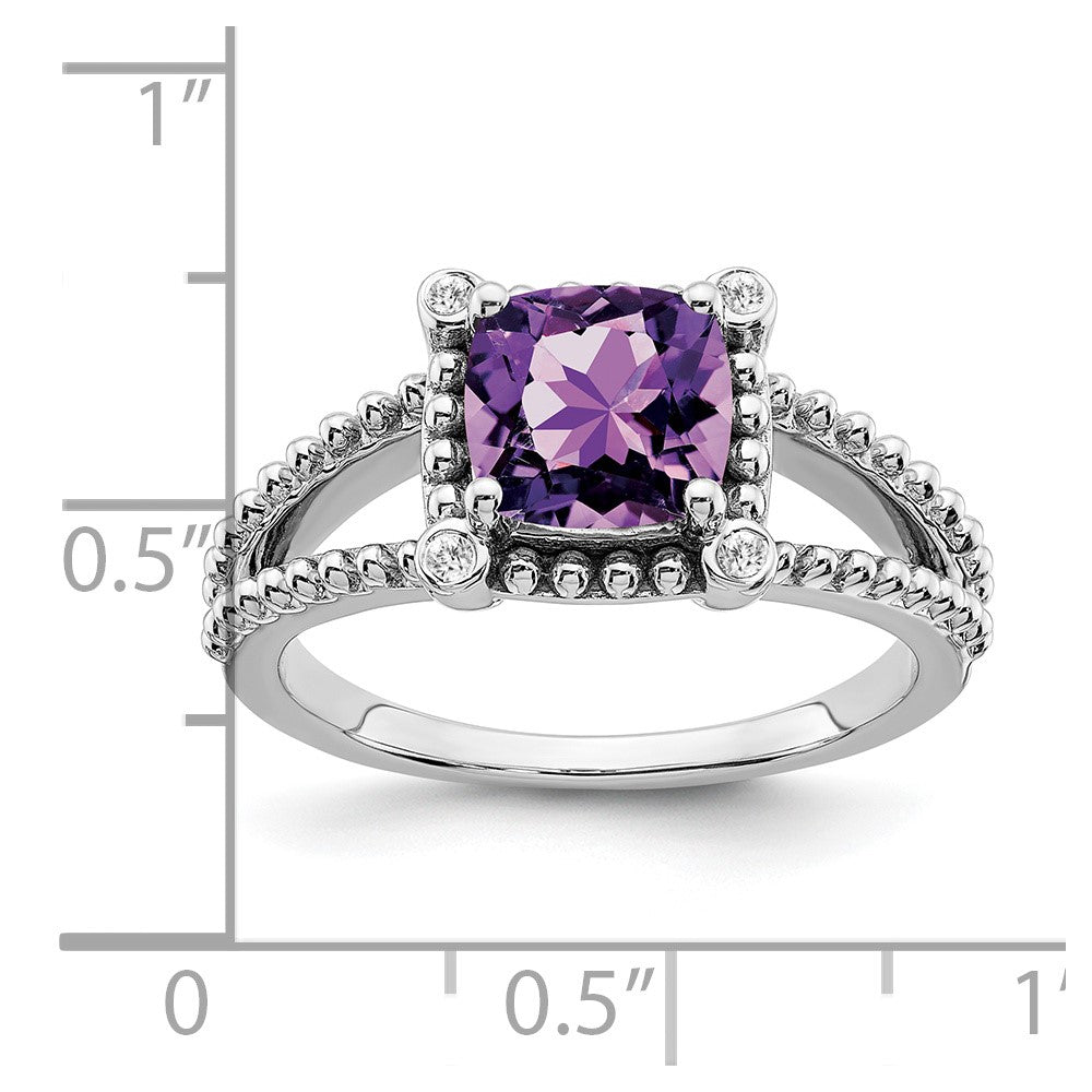 14k White Gold Cushion Amethyst and Diamond Ring