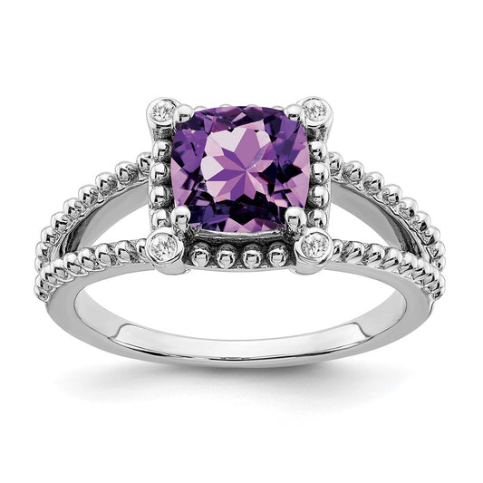 14k White Gold Cushion Amethyst and Diamond Ring