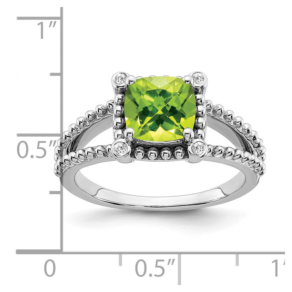 14k White Gold Cushion Peridot and Diamond Ring