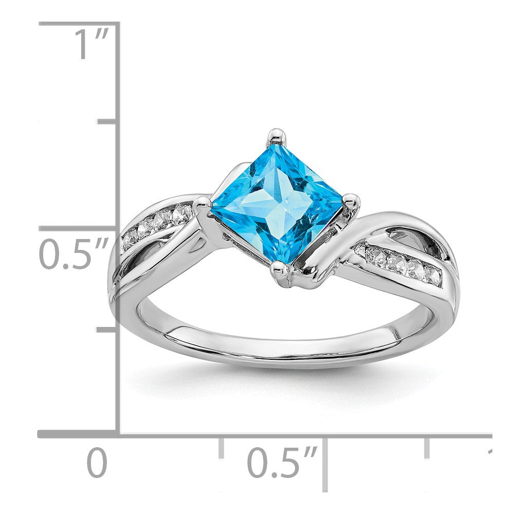 14k White Gold Square Blue Topaz and Diamond Ring