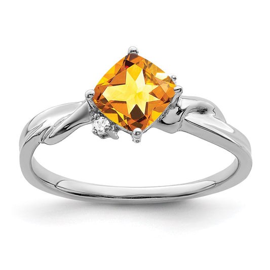14k White Gold Cushion Citrine and Diamond Ring