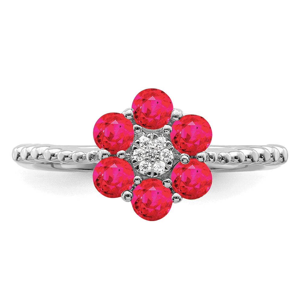14k White Gold Ruby and Diamond Floral Ring