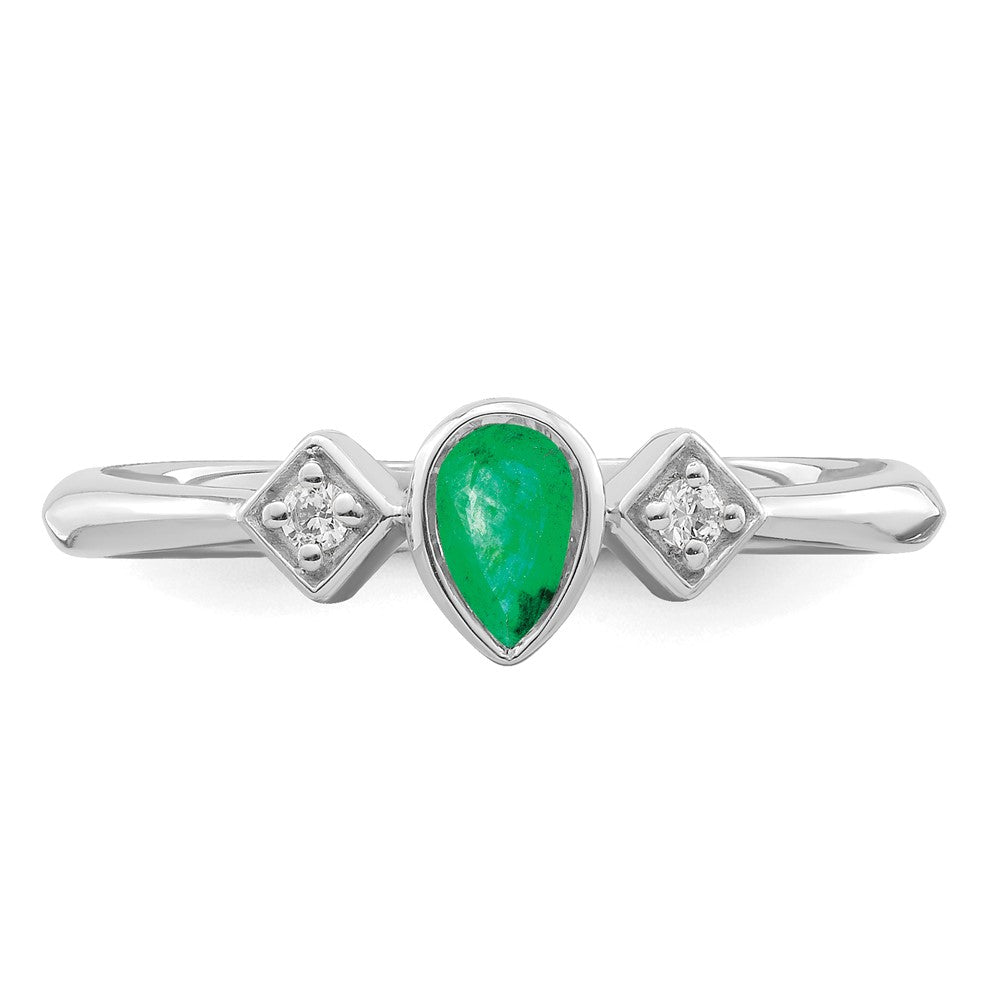 14k White Gold Pear Bezel Emerald and Diamond Ring