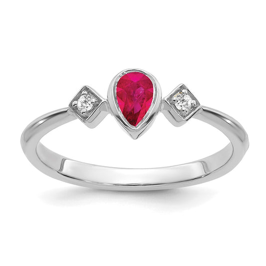 14k White Gold Pear Bezel Ruby and Diamond Ring