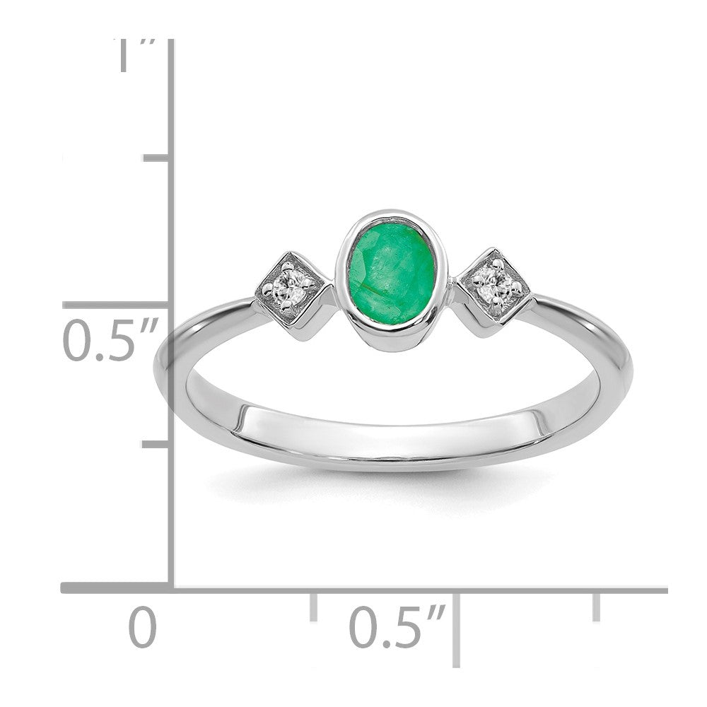 14k White Gold Oval Bezel Emerald and Diamond Ring
