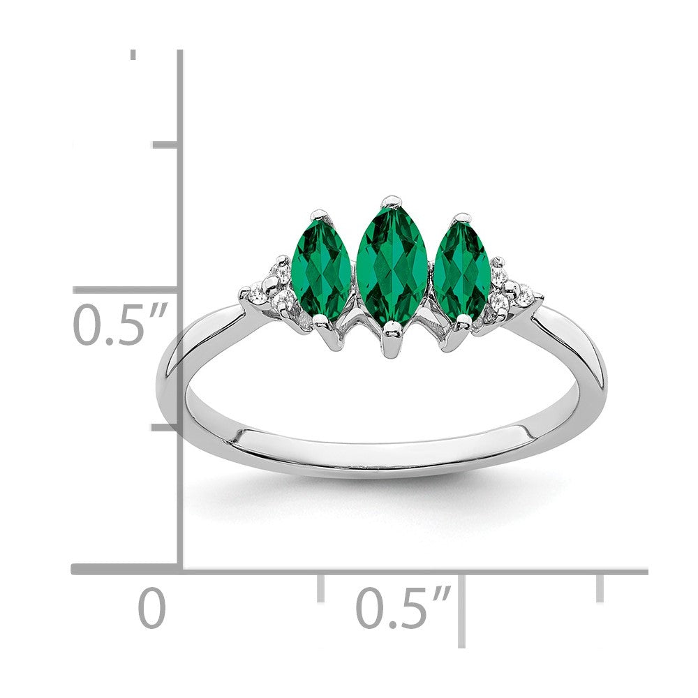 14k White Gold Marquise Created Emerald and Diamond 3-stone Ring