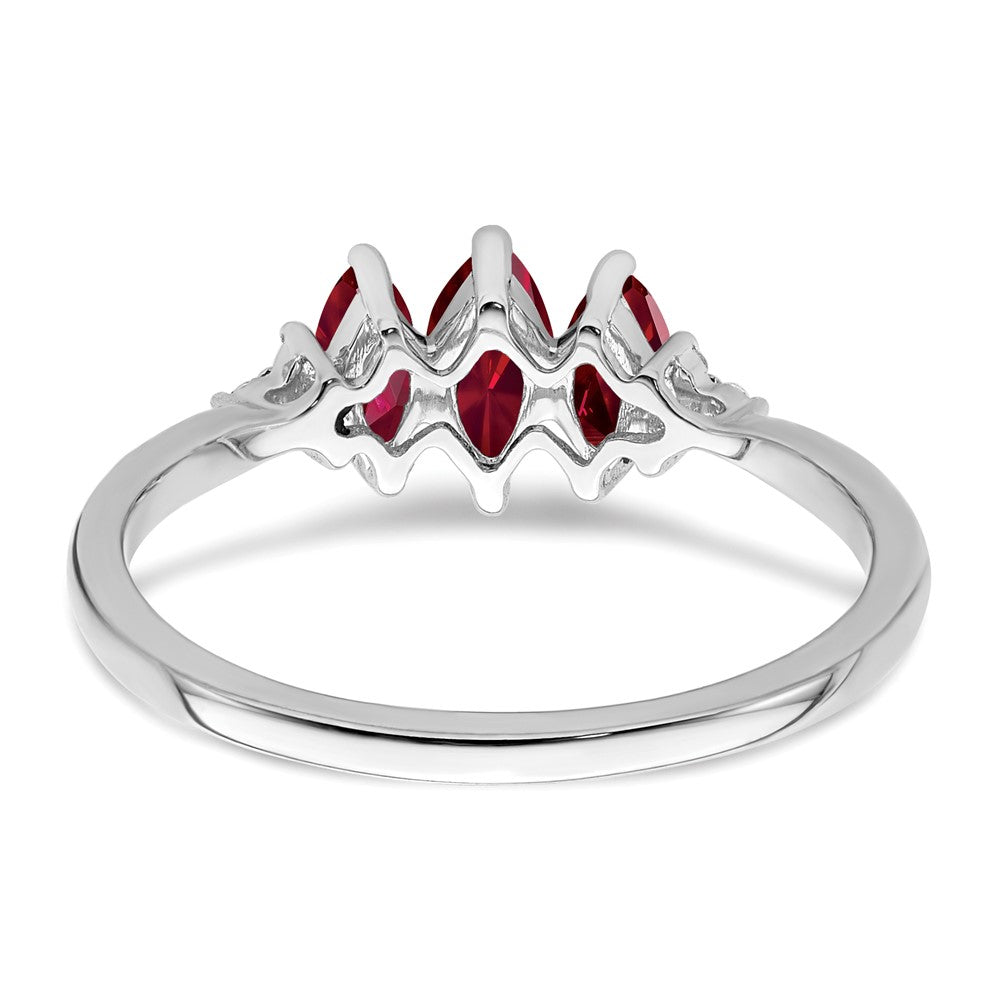 14k White Gold Marquise Created Ruby and Diamond 3-stone Ring