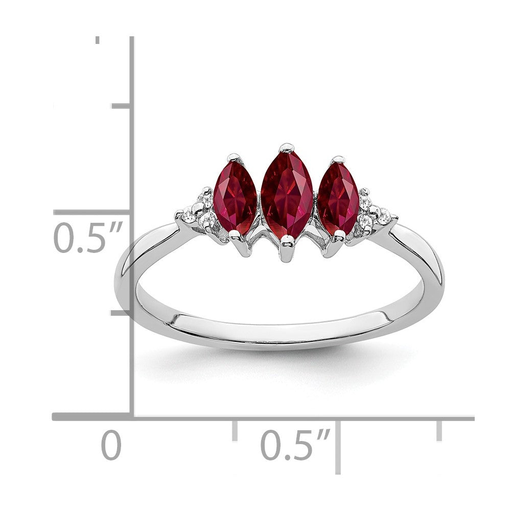 14k White Gold Marquise Created Ruby and Diamond 3-stone Ring
