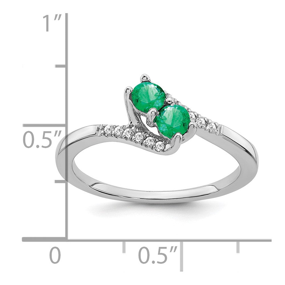 14k White Gold Emerald and Diamond 2-stone Bypass Ring