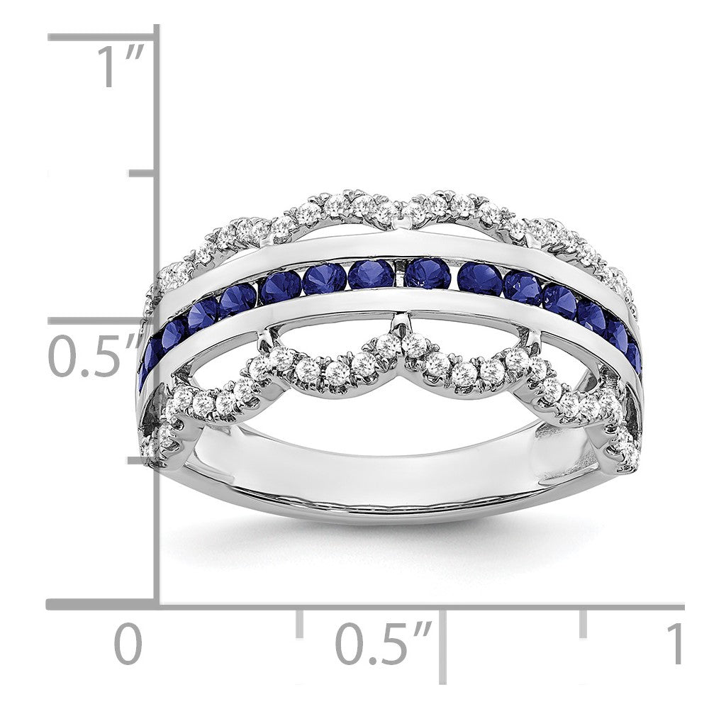 14k White Gold Created Sapphire and Diamond Scallop Ring