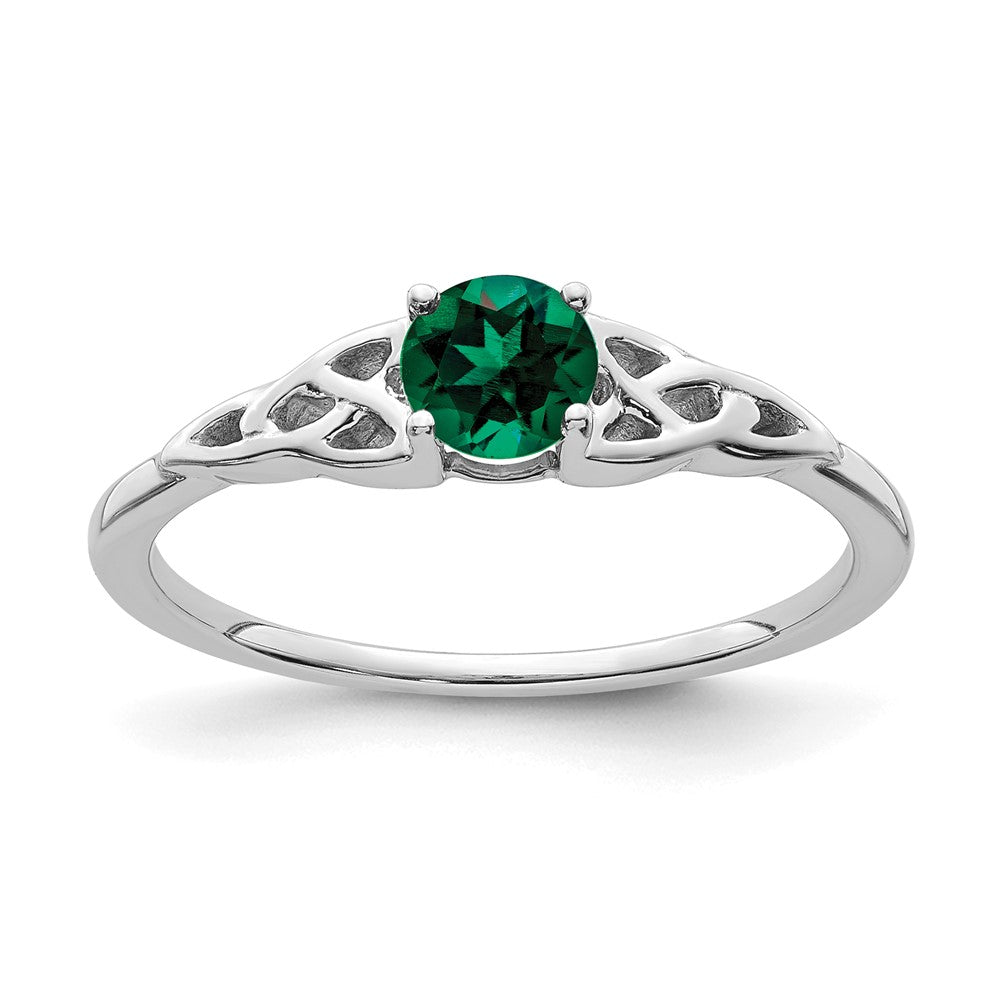 14K White Gold Created Emerald Celtic Knot Ring