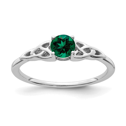 14K White Gold Created Emerald Celtic Knot Ring